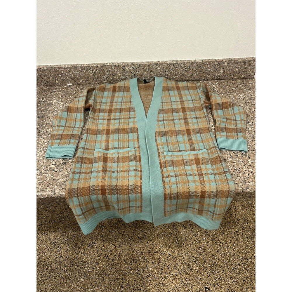 Talbots Cardigan Sweater Petite Size SP Tan Turquoise Plaid Pockets Long Slv